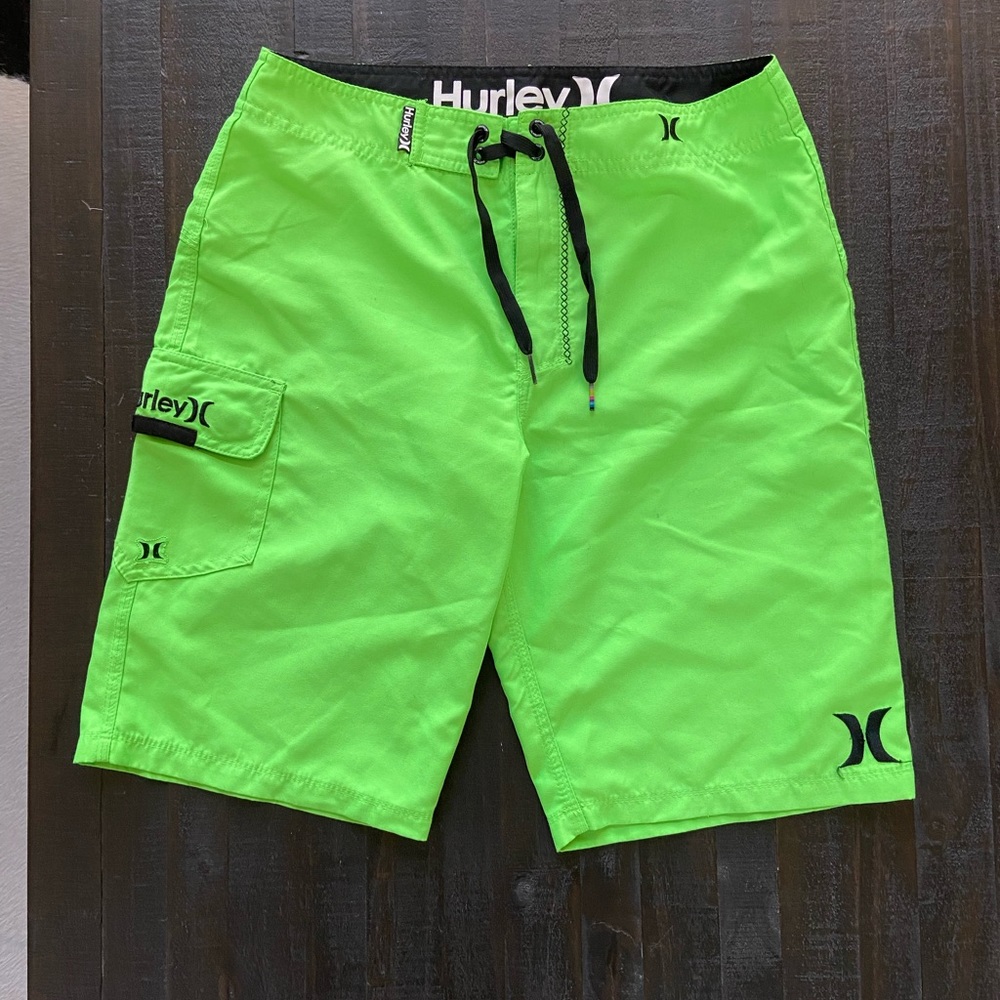 Bright green Hurley board shorts